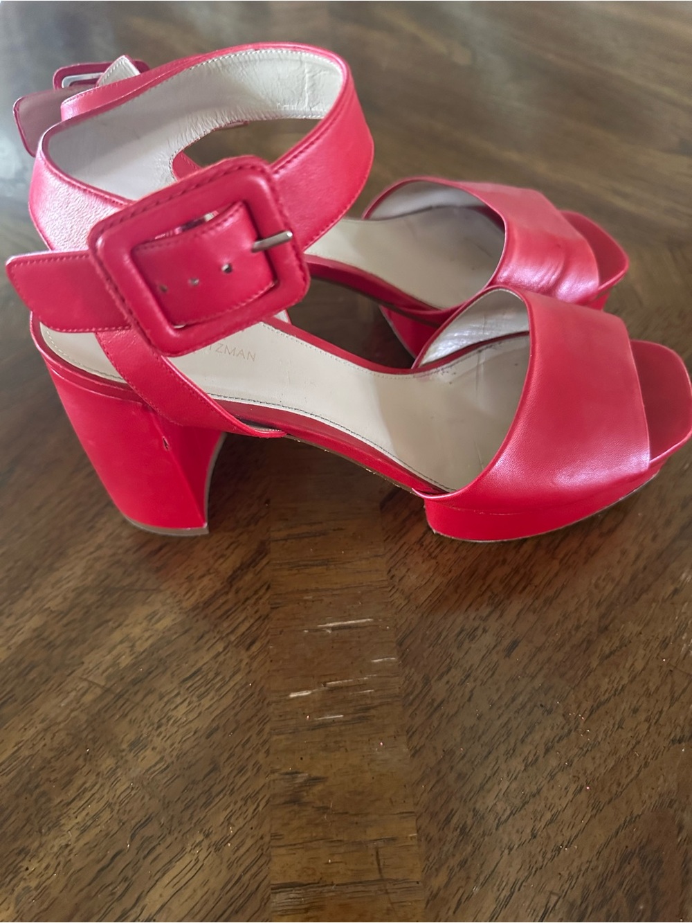 Stuart Weitzman Red Women's Block Heel Sandals with Ankle Buckle Size 9/9.5